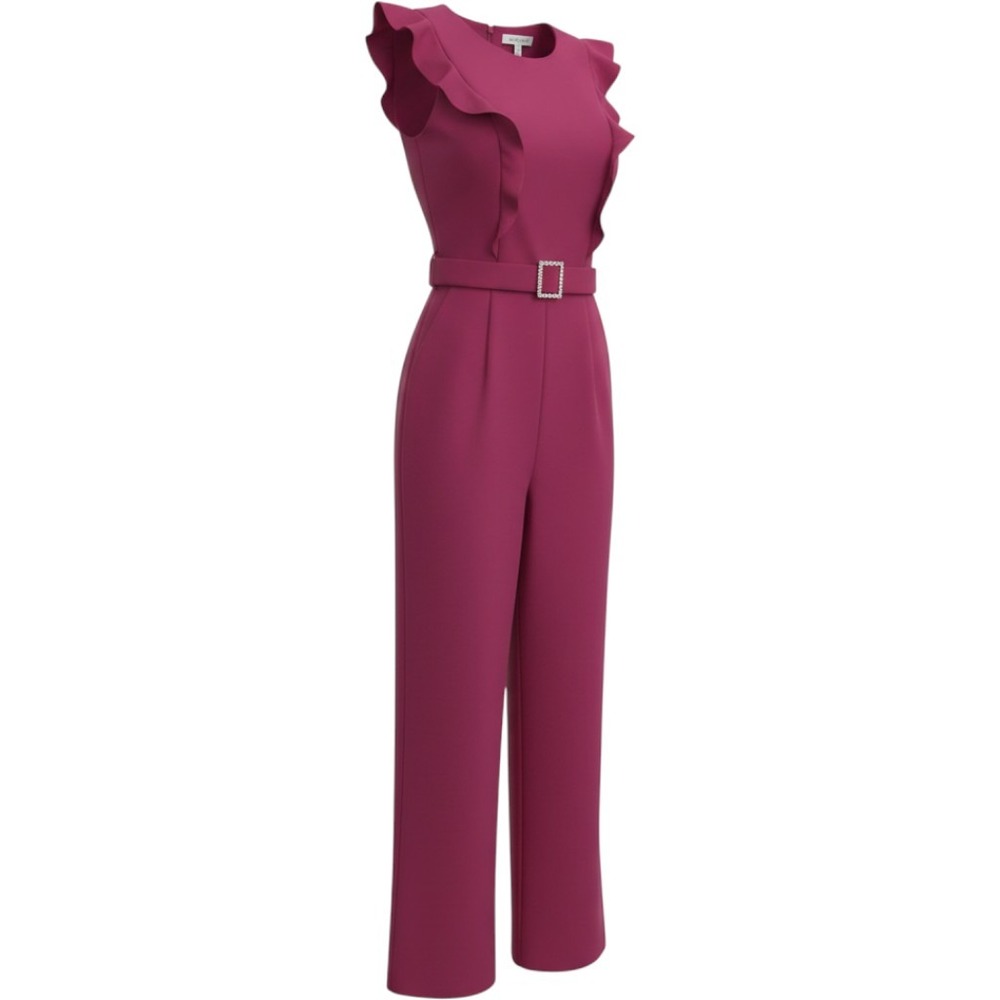 NWT Betsey Johnson Magenta Ruffle Cap Sleeve Pearl Buckle Wide Leg Jumpsuit 10